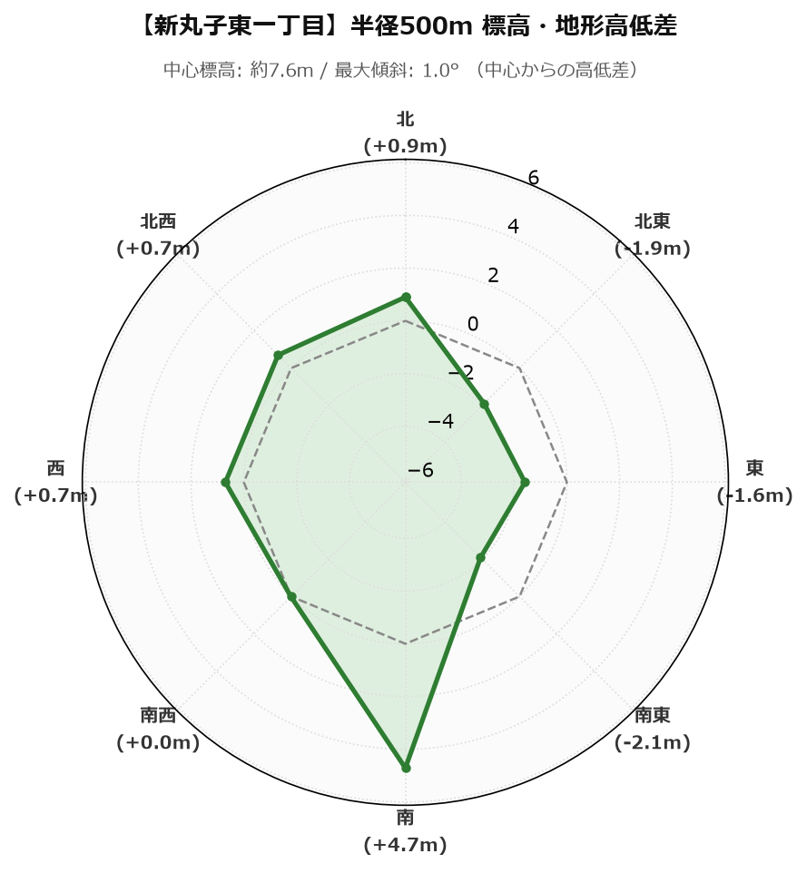 新丸子東一丁目の半径500m地形・高低差マップ
