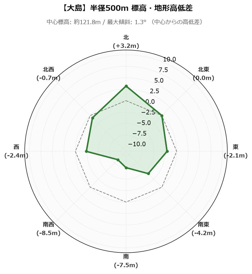 大島の半径500m地形・高低差マップ