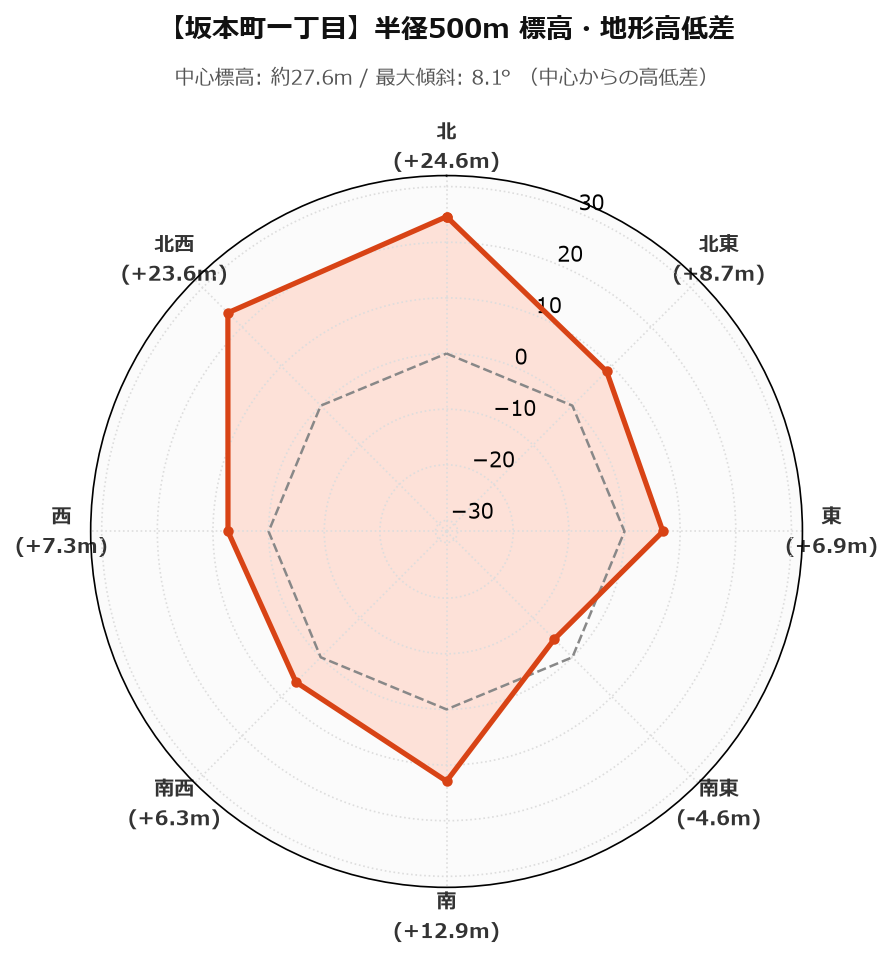 坂本町一丁目の半径500m地形・高低差マップ