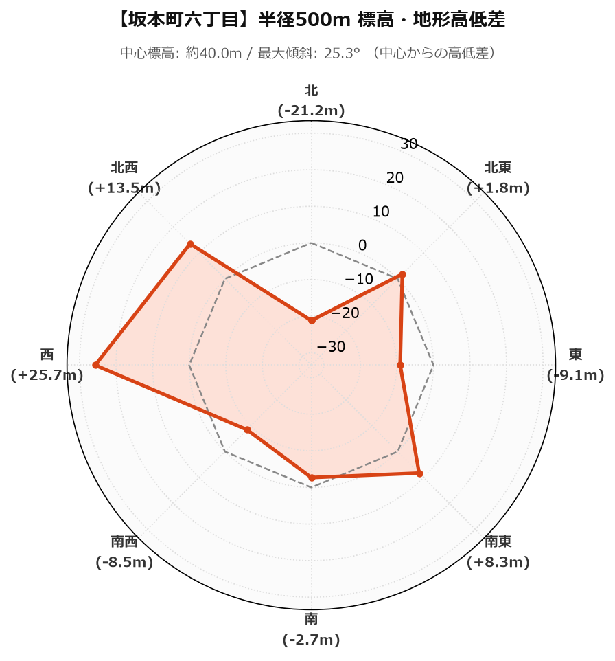 坂本町六丁目の半径500m地形・高低差マップ